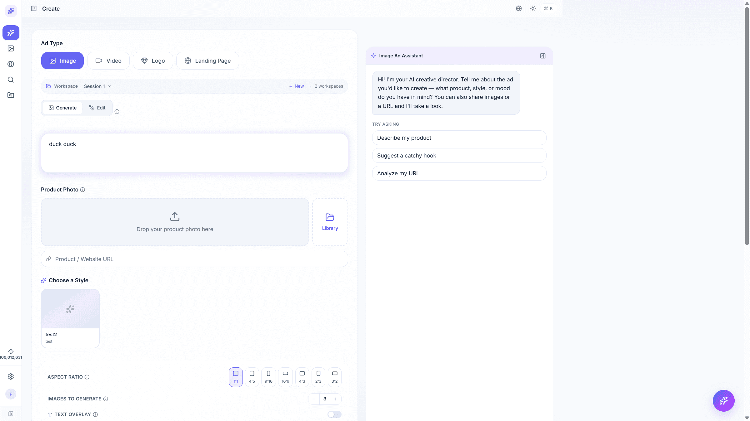 AiAdsCenter ad creator page showing image, video, logo and landing page tabs