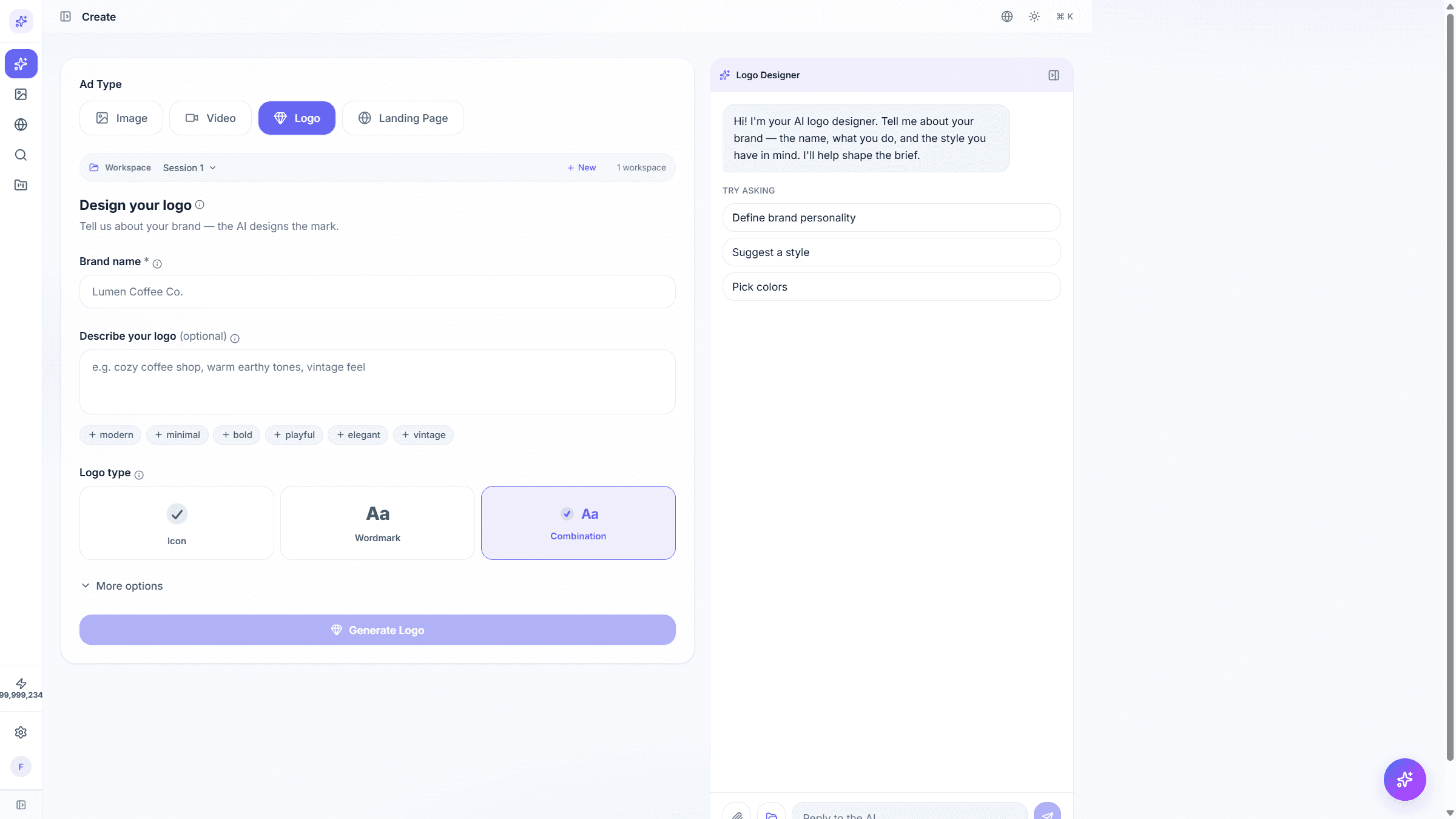 Logo creator with style and type picker