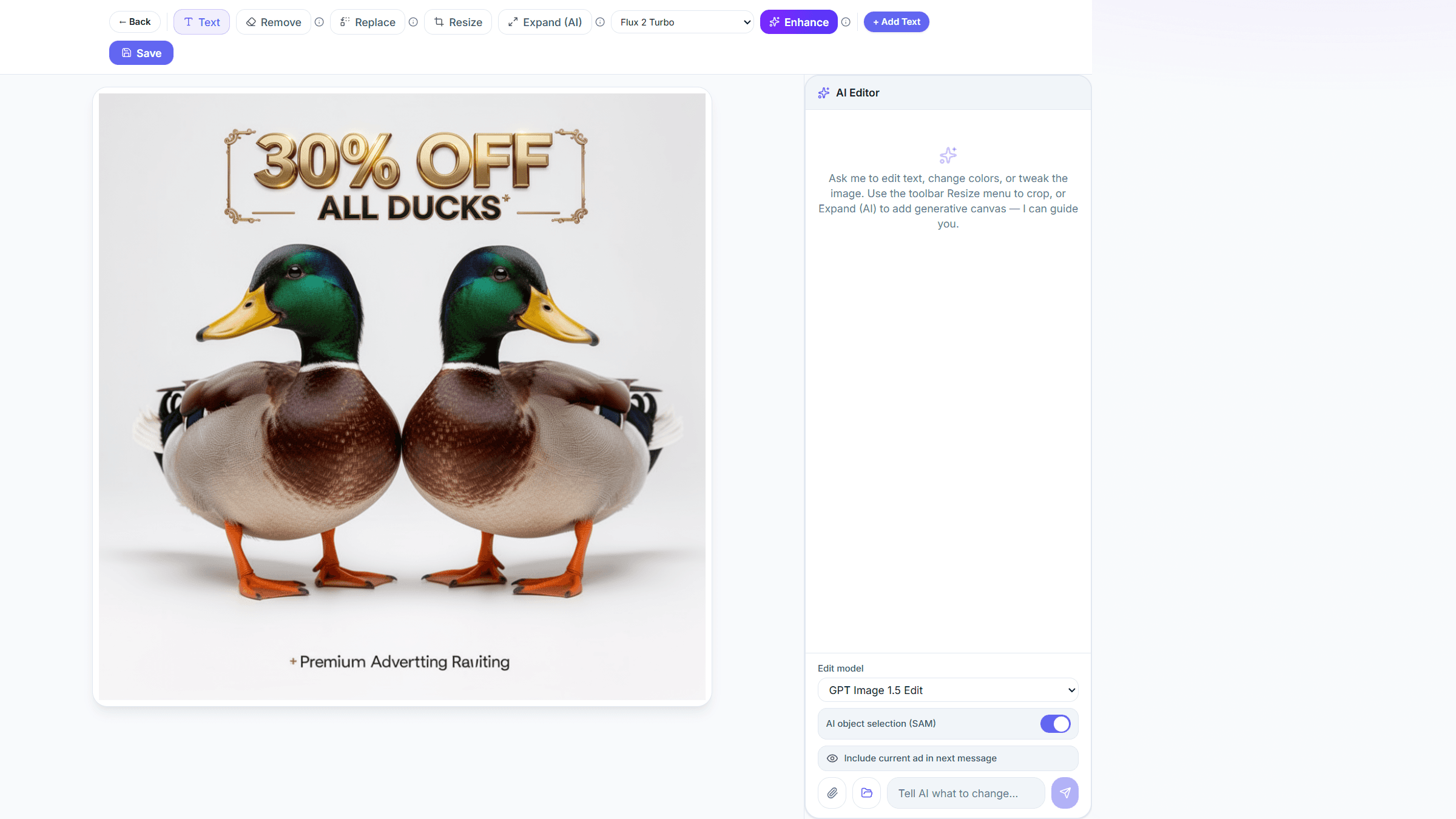AI photo editor with text, remove, replace and expand tools