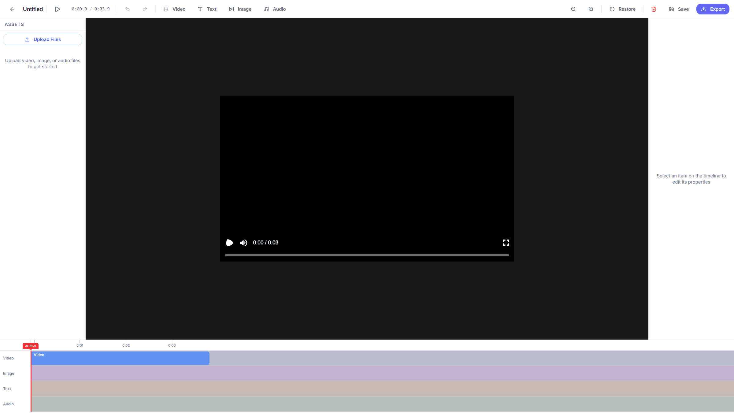 Video editor — timeline with video, image, text and audio tracks